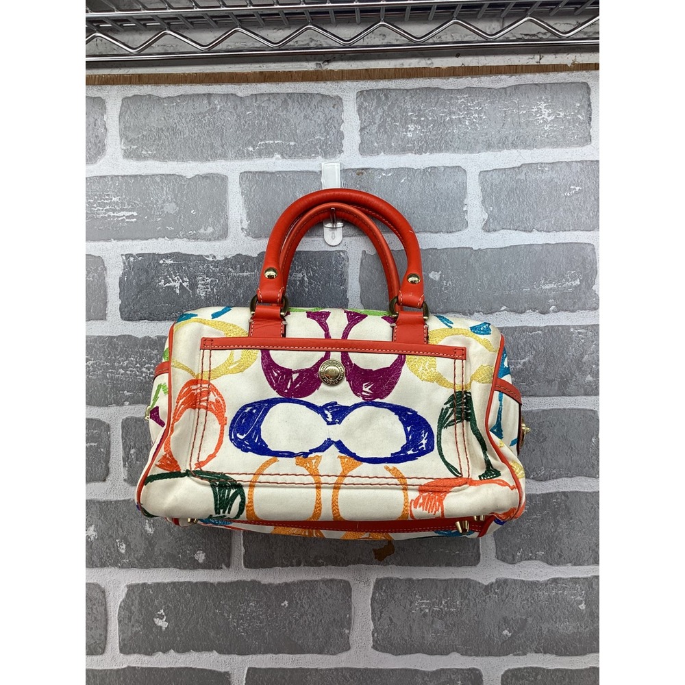 Coach Scribble Multi Color Canvas Satchel Bag Orange Leather Trim 2005 1857 - Picture 2 of 13